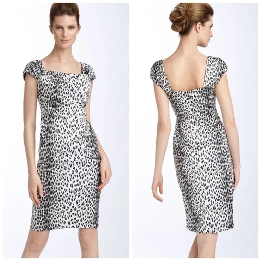TADASHI SHOJI White Leopard Animal Print Sheath Dress Size 4 Satin Cocktail